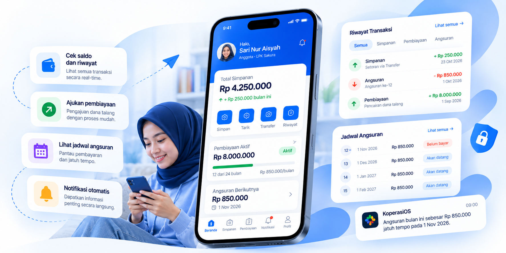 Aplikasi anggota menampilkan saldo, riwayat, dan jadwal angsuran